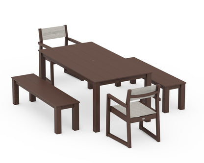 POLYWOOD® EDGE Sling Arm Chair 5-Piece Parsons Dining Set with Benches in Mahogany / Birch Sling