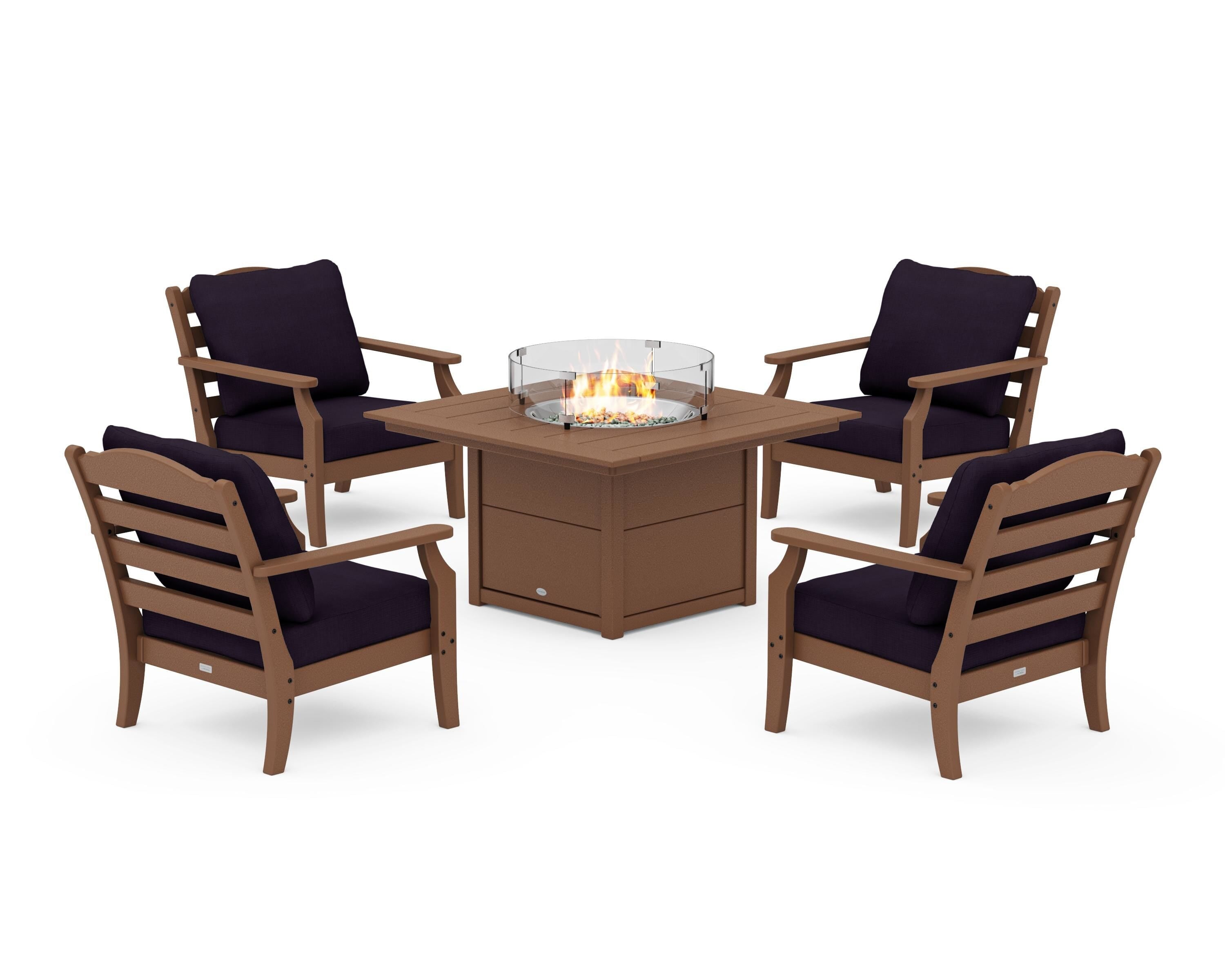 Draper James™ by  POLYWOOD® Savannah 5-Piece Deep Seating Set with Fire Pit Table in Teak / Navy Linen