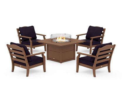 Draper James™ by  POLYWOOD® Savannah 5-Piece Deep Seating Set with Fire Pit Table in Teak / Navy Linen