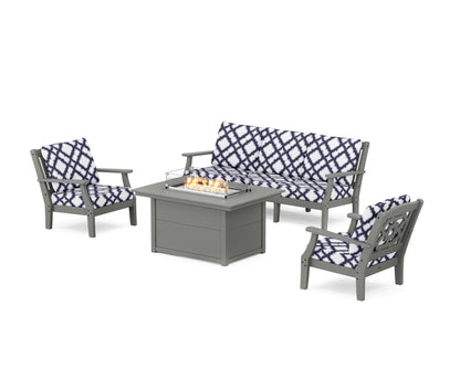 Martha Stewart by POLYWOOD® Chinoiserie Deep Seating Fire Pit Table Set in Slate Grey / Trellis Navy