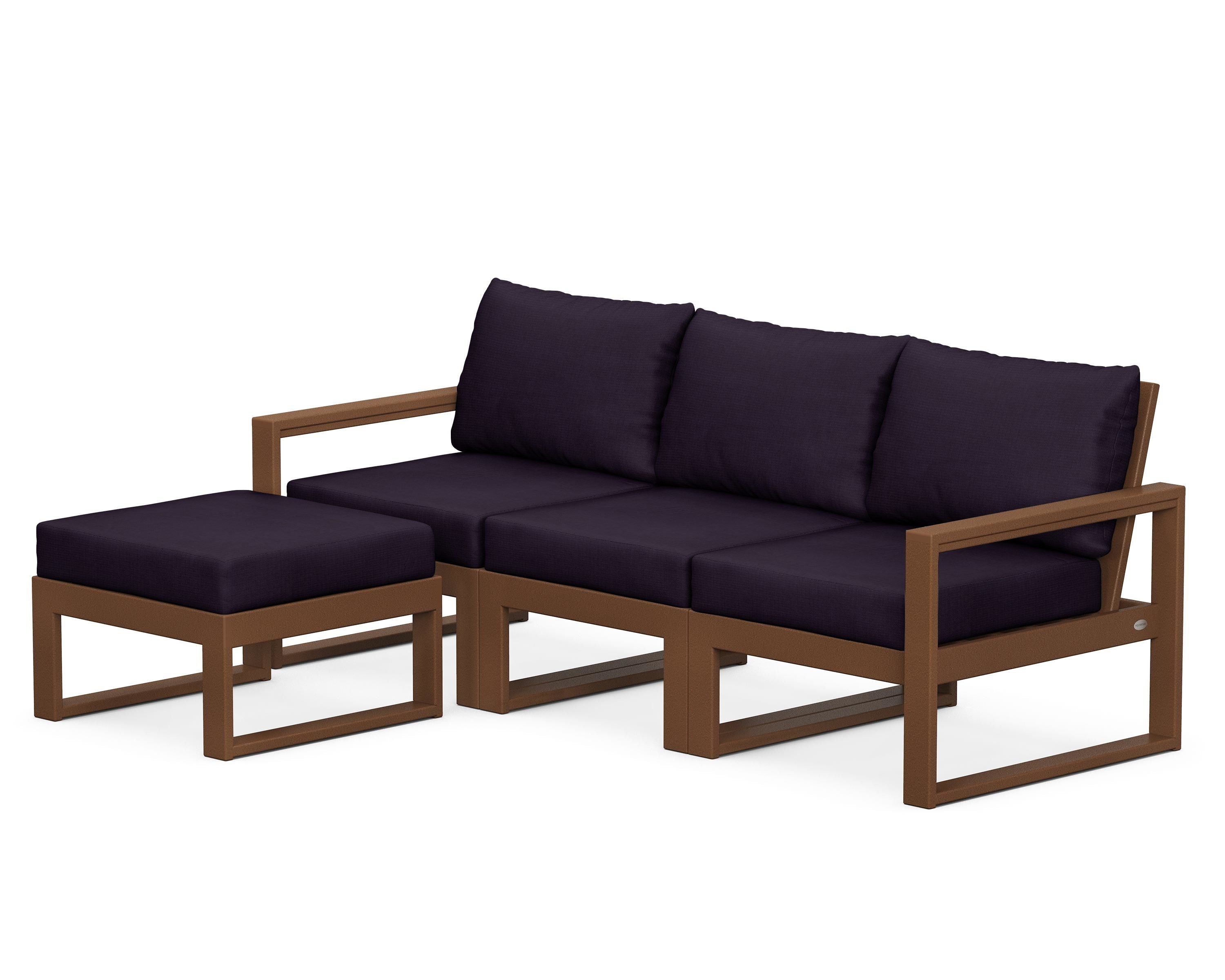 POLYWOOD® EDGE 4-Piece Modular Deep Seating Set with Ottoman in Teak / Navy Linen
