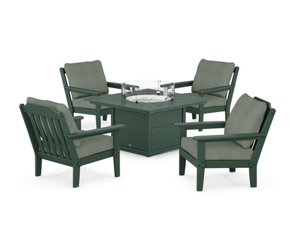 Country Living Cottage 5-Piece Deep Seating Set with Fire Pit Table in Green / Cast Sage