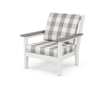 POLYWOOD® Chippendale Deep Seating Chair in White / Driftwood / Buffalo Plaid Grey Mist