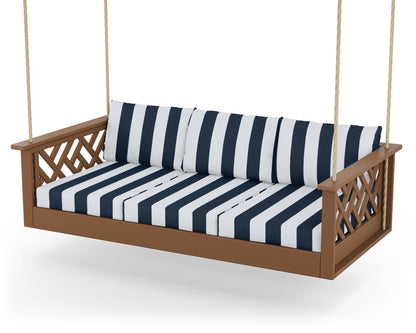 POLYWOOD® Chippendale Daybed Swing in Teak / Cabana Stripe Marine Indigo