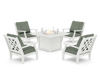 Country Living Wovendale 5-Piece Deep Seating Set with Fire Pit Table in White / Cast Sage
