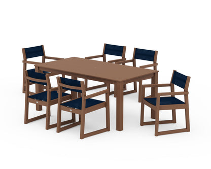 POLYWOOD® EDGE Sling Arm Chair 7-Piece Parsons Dining Set in Teak / Navy Blue Sling