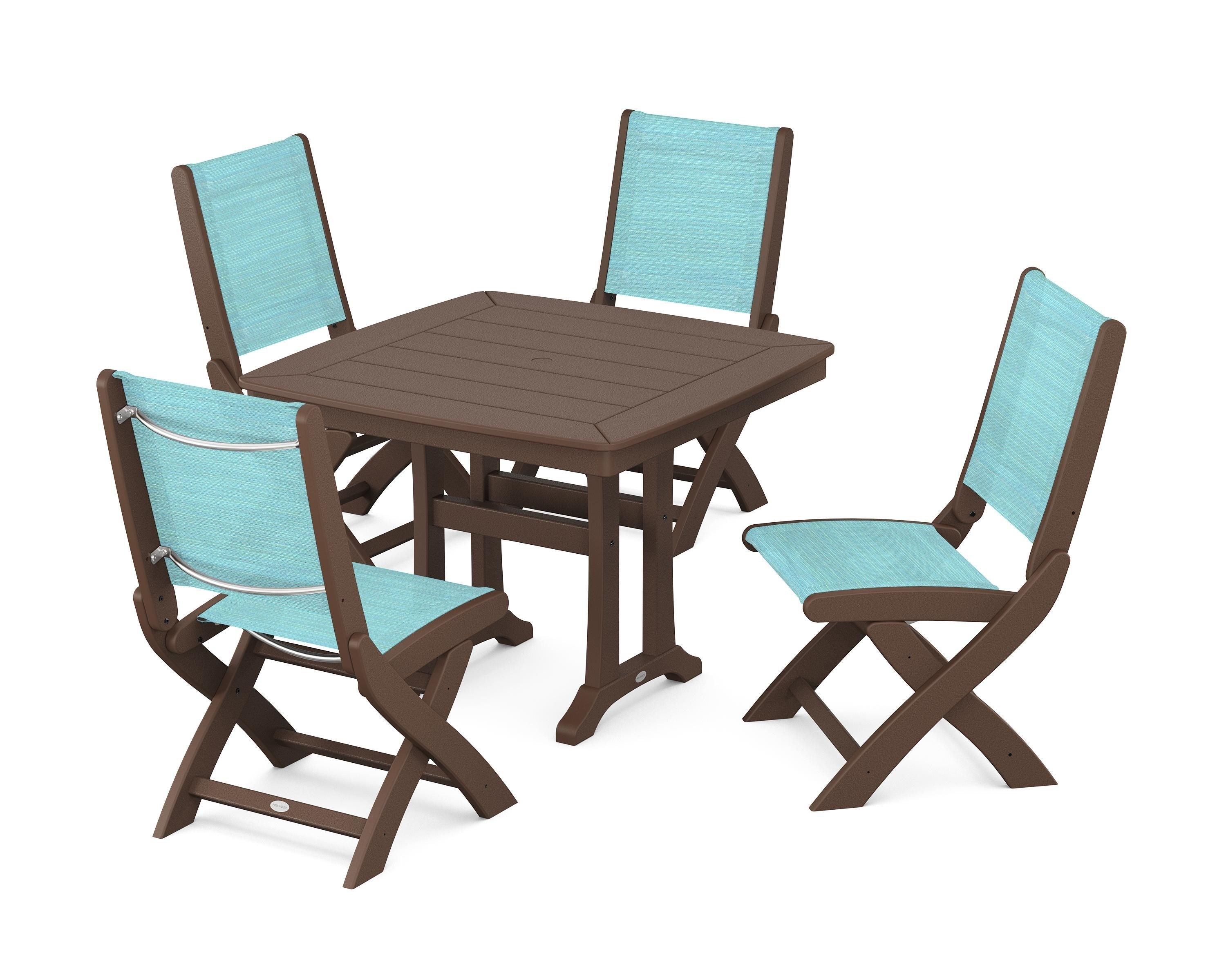 POLYWOOD® Coastal Folding Side Chair 5-Piece Dining Set with Trestle Legs in Mahogany / Dupioni Aquamarine Sling