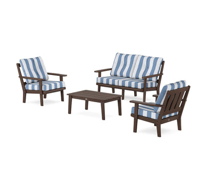 POLYWOOD® Oxford 4-Piece Deep Seating Set with Loveseat in Mahogany / Cabana Stripe Sky Blue