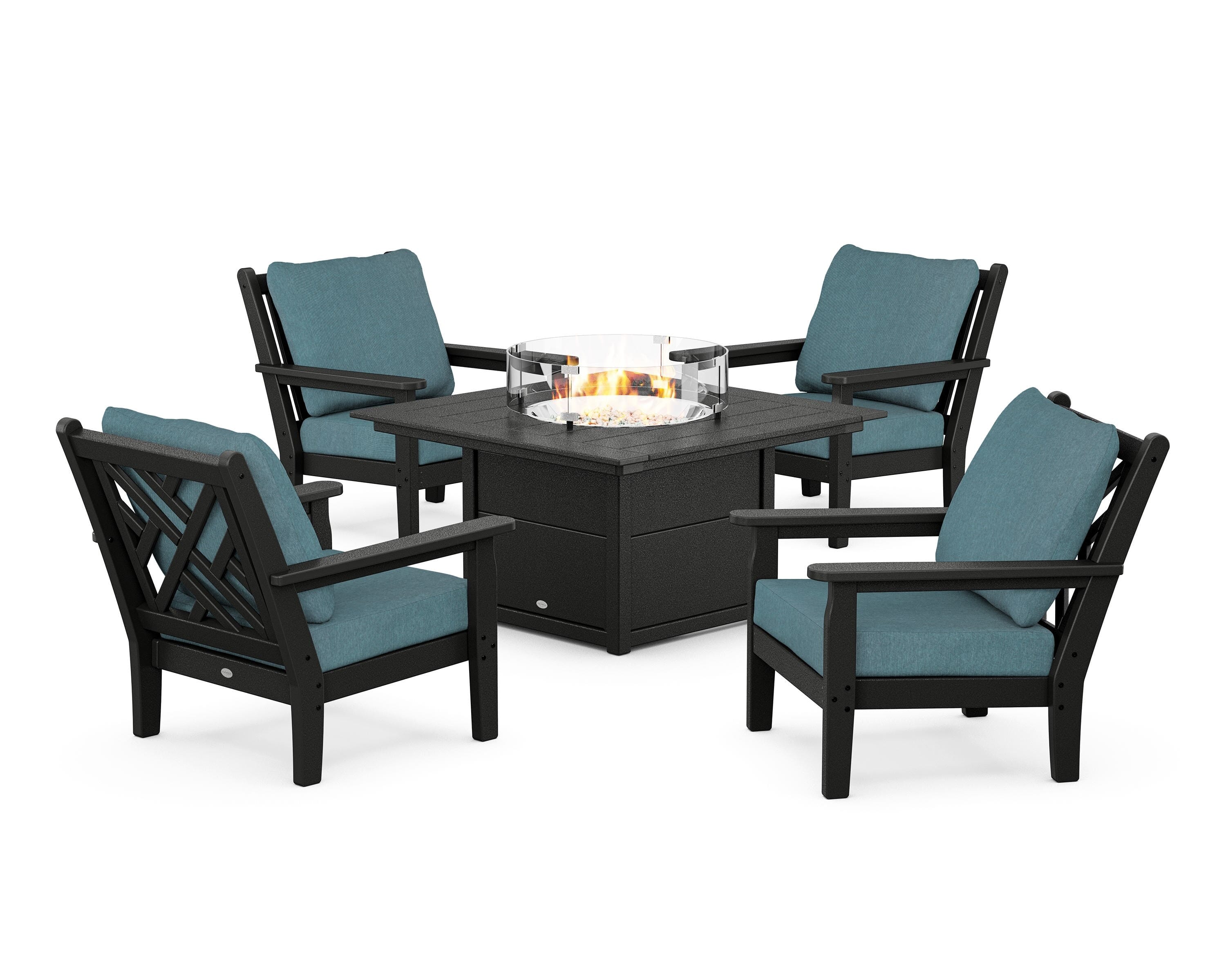 POLYWOOD® Chippendale 5-Piece Deep Seating Set with Fire Pit Table in Black / Ocean Teal