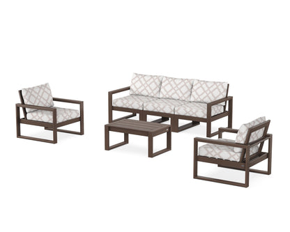 POLYWOOD® EDGE Sectional 4-Piece Deep Seating Set with Sofa in Mahogany / Trellis Dune Burlap