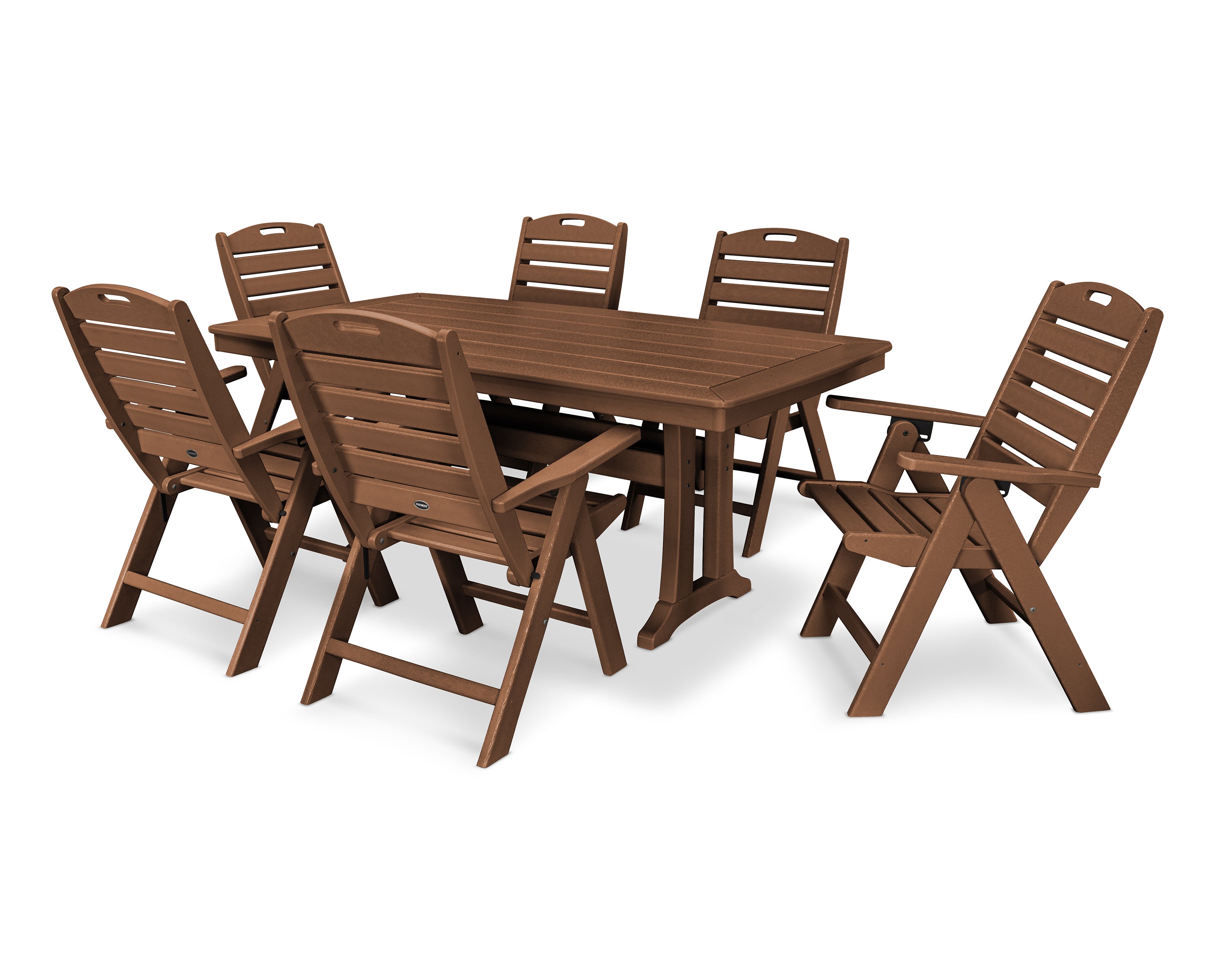POLYWOOD® Nautical Folding Highback Chair 7-Piece Dining Set with Trestle Legs in Teak