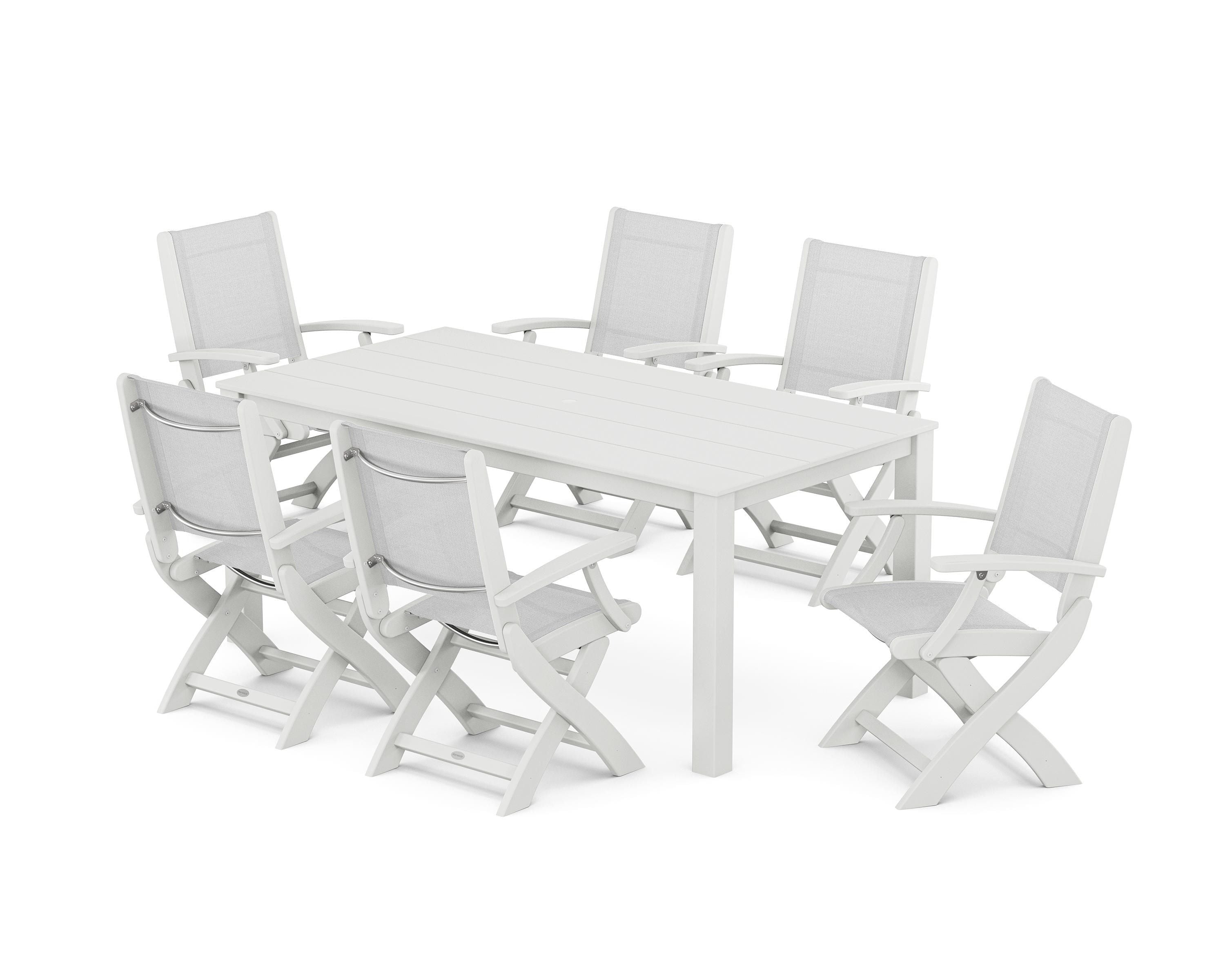 POLYWOOD® Coastal Folding Chair 7-Piece Parsons Dining Set in White / White Sling