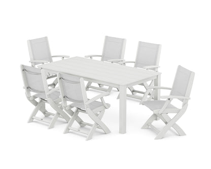 POLYWOOD® Coastal Folding Chair 7-Piece Parsons Dining Set in White / White Sling