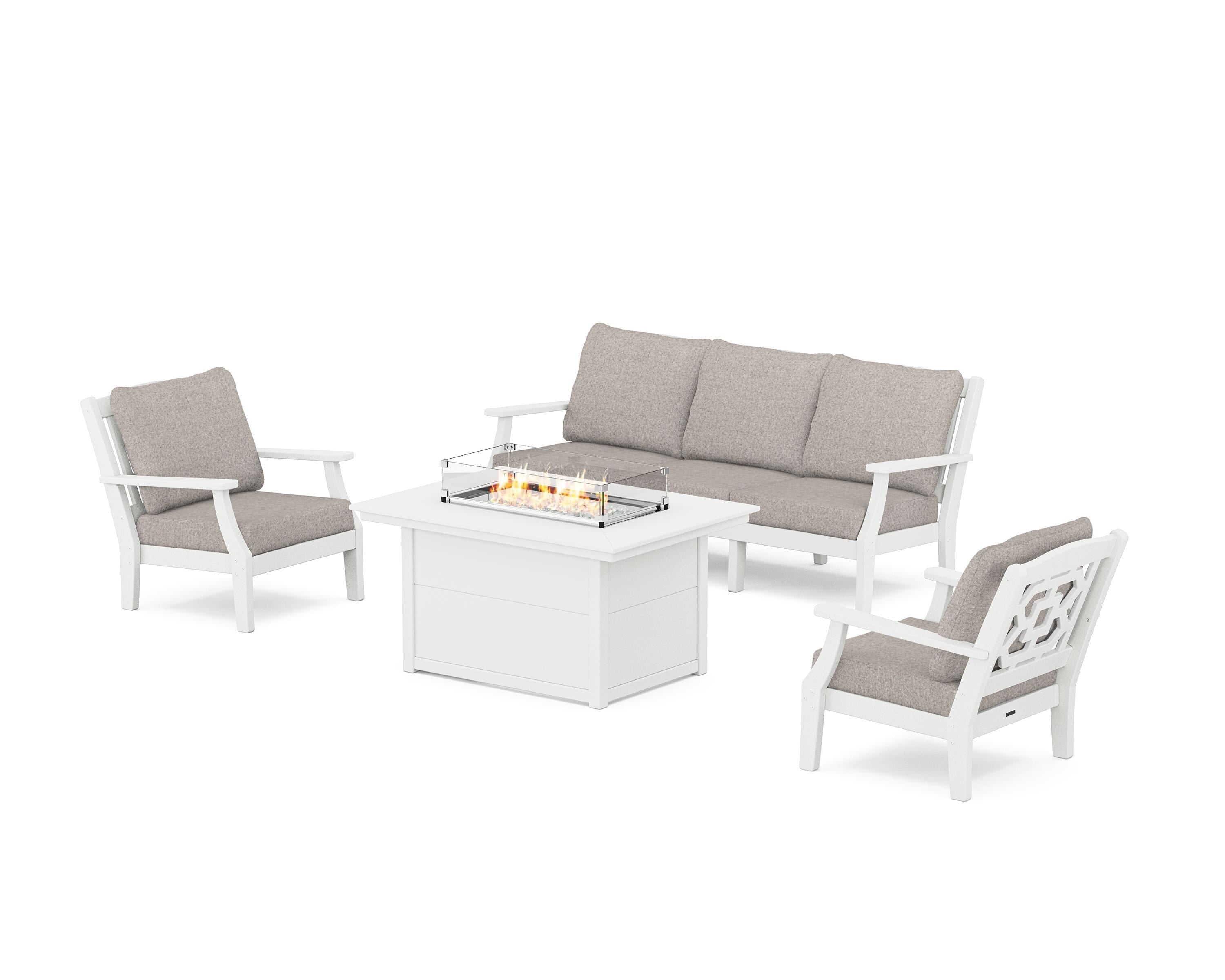 Martha Stewart by POLYWOOD® Chinoiserie Deep Seating Fire Pit Table Set in White / Weathered Tweed