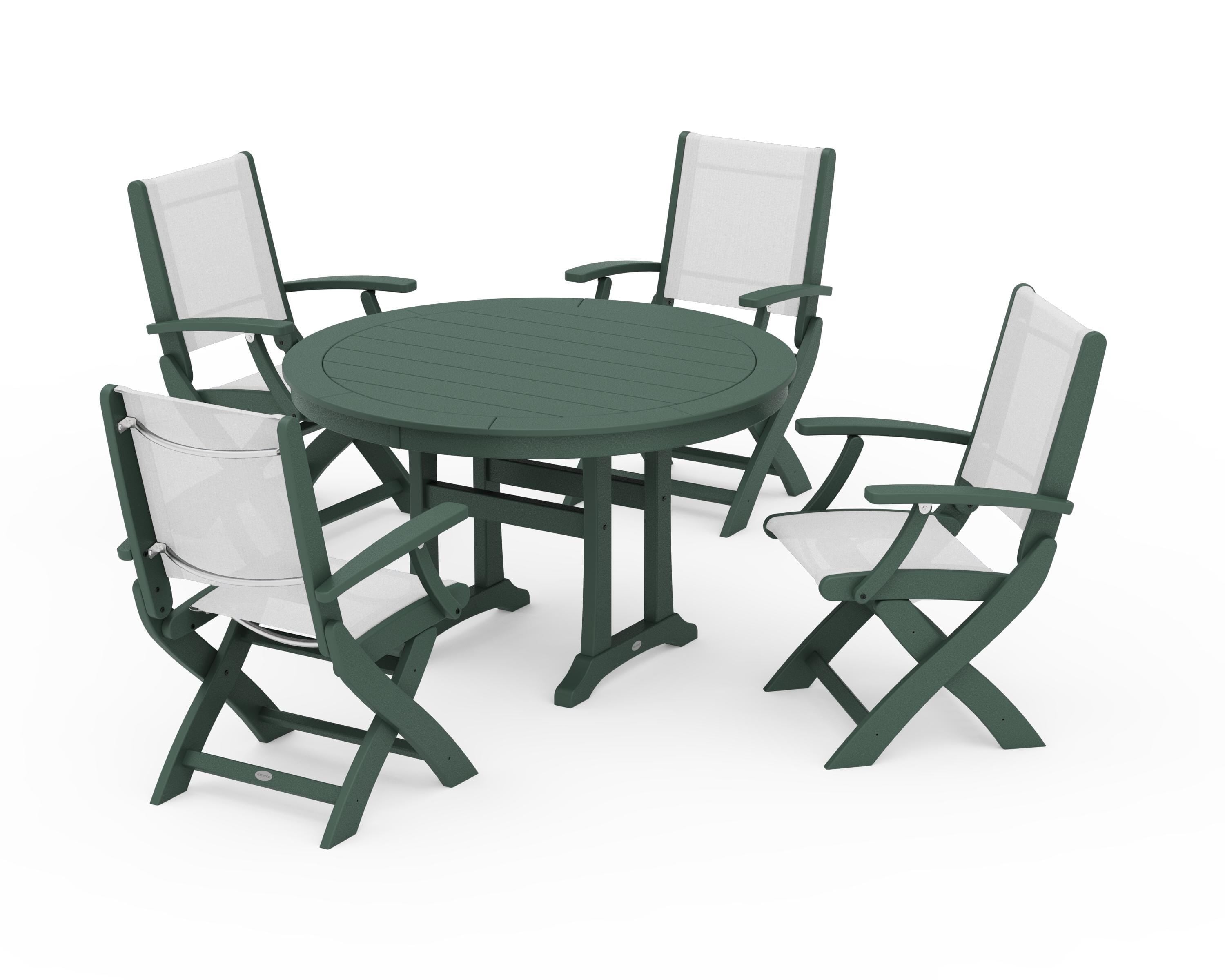 POLYWOOD® Coastal Folding Chair 5-Piece Round Dining Set with Trestle Legs in Green / White Sling
