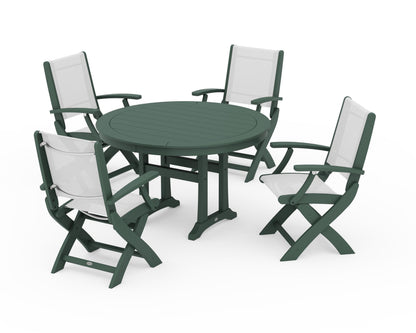 POLYWOOD® Coastal Folding Chair 5-Piece Round Dining Set with Trestle Legs in Green / White Sling