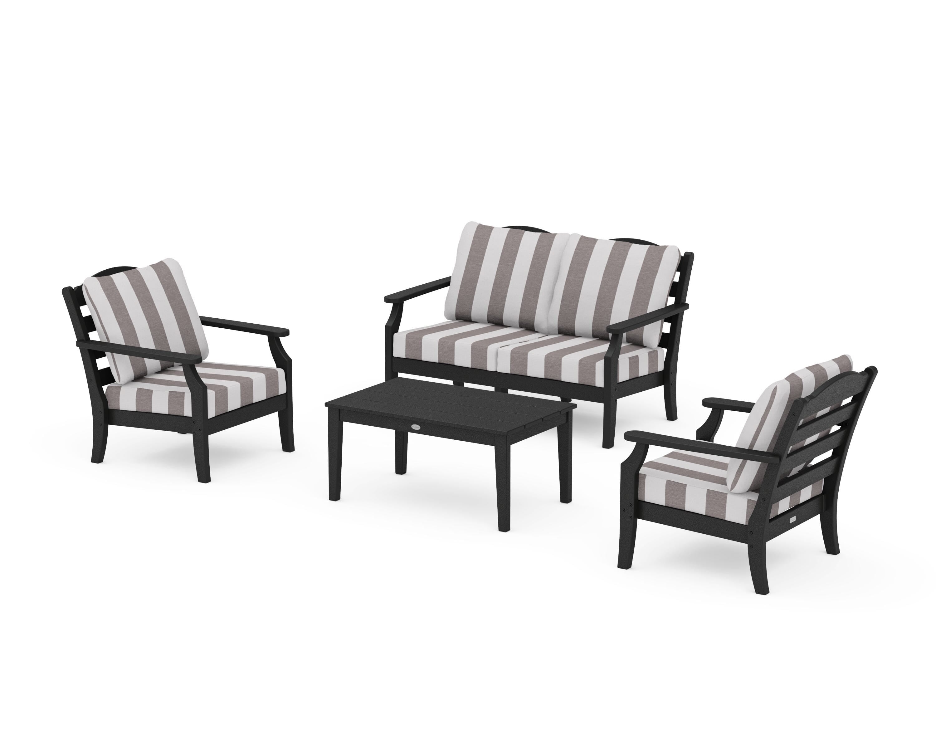 Draper James™ by  POLYWOOD® Savannah 4-Piece Deep Seating Set with Loveseat in Black / Cabana Stripe Grey Mist