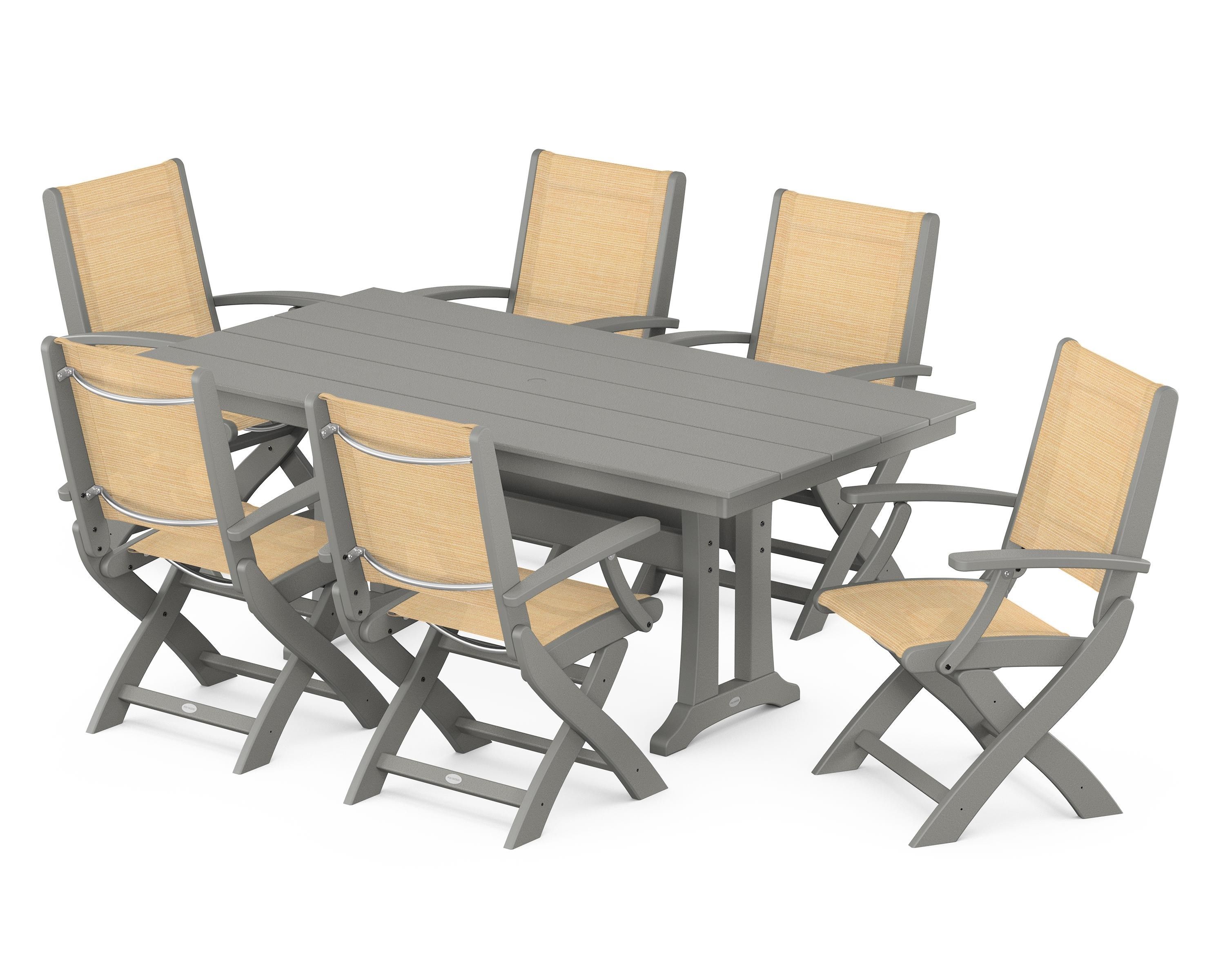 POLYWOOD® Coastal Folding Arm Chair 7-Piece Farmhouse Dining Set with Trestle Legs in Slate Grey / Dupioni Apricot Sling