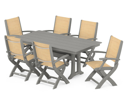 POLYWOOD® Coastal Folding Arm Chair 7-Piece Farmhouse Dining Set with Trestle Legs in Slate Grey / Dupioni Apricot Sling