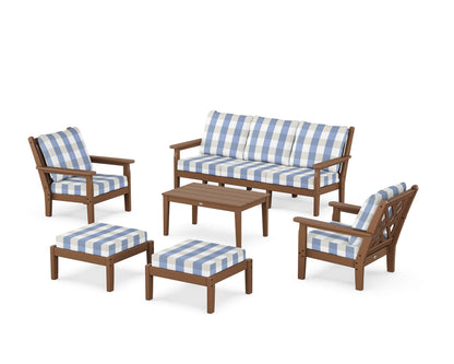 POLYWOOD® Chippendale 6-Piece Lounge Sofa Set in Teak / Buffalo Plaid Sky Blue