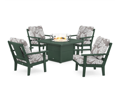 POLYWOOD® Prairie 5-Piece Deep Seating Set with Fire Pit Table in Green / Leaf Grey Mist