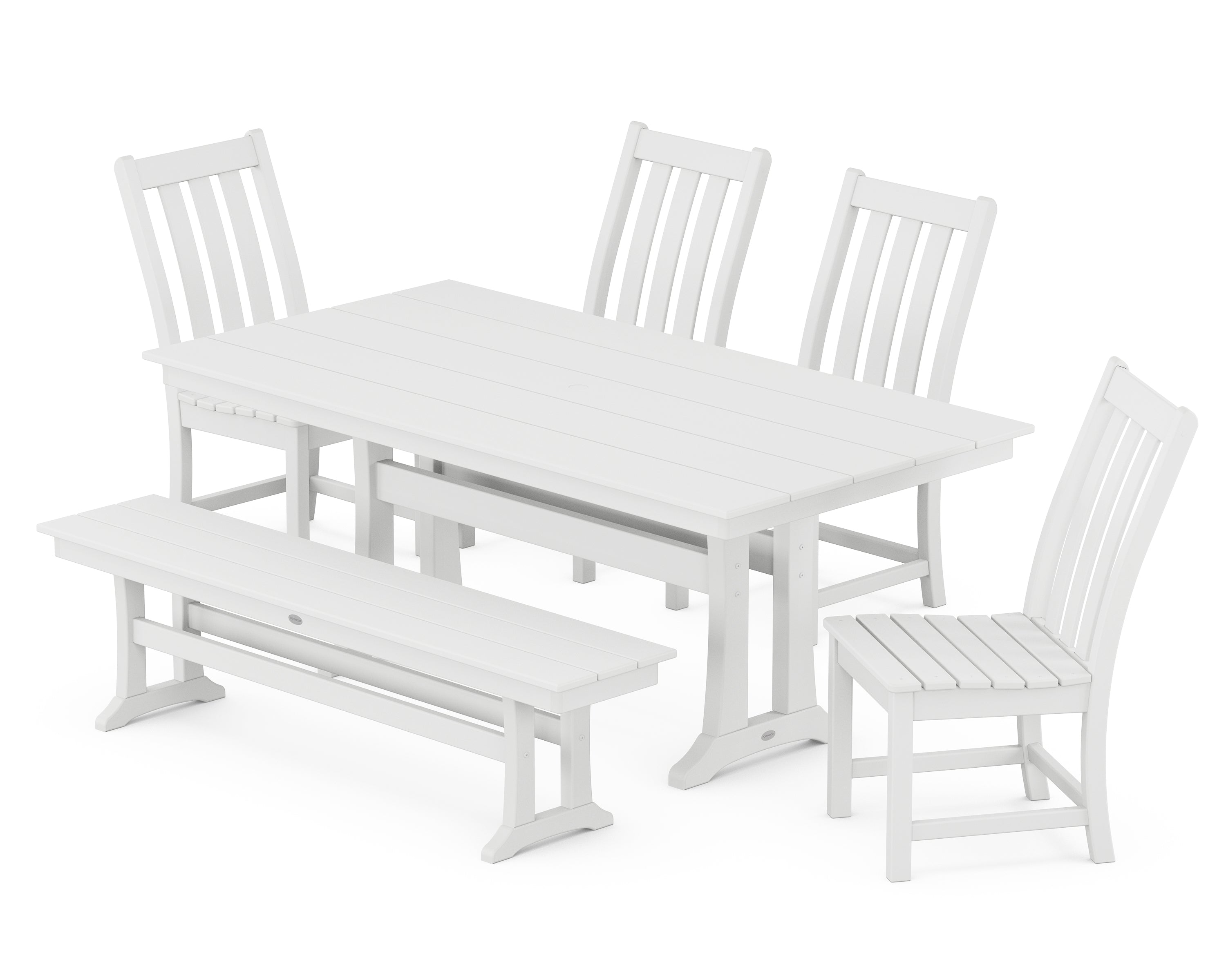 POLYWOOD® Vineyard Side Chair 6-Piece Farmhouse Dining Set with Trestle Legs and Bench in White