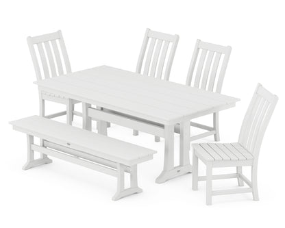 POLYWOOD® Vineyard Side Chair 6-Piece Farmhouse Dining Set with Trestle Legs and Bench in White