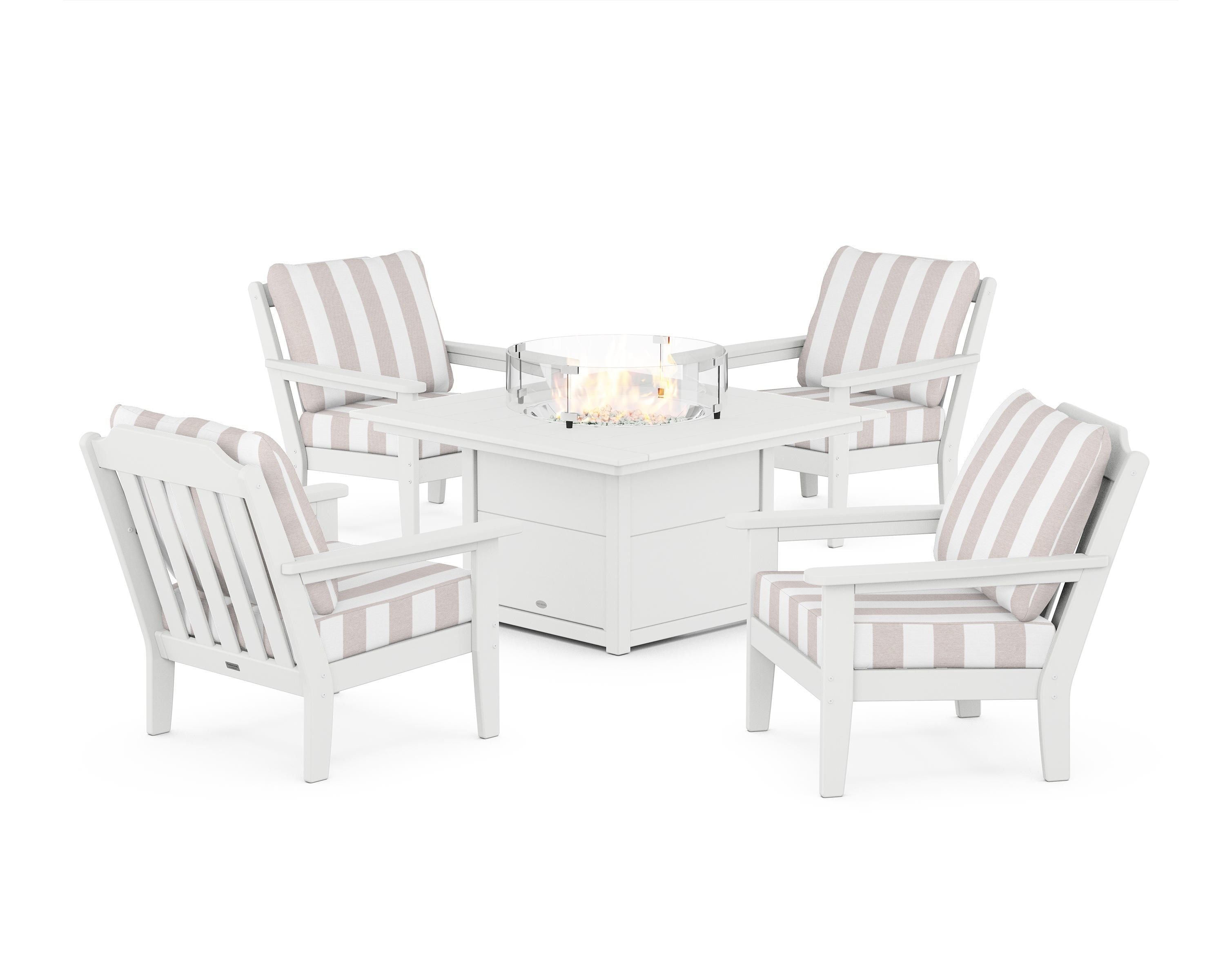 Country Living Cottage 5-Piece Deep Seating Set with Fire Pit Table in White / Cabana Stripe Dune Burlap