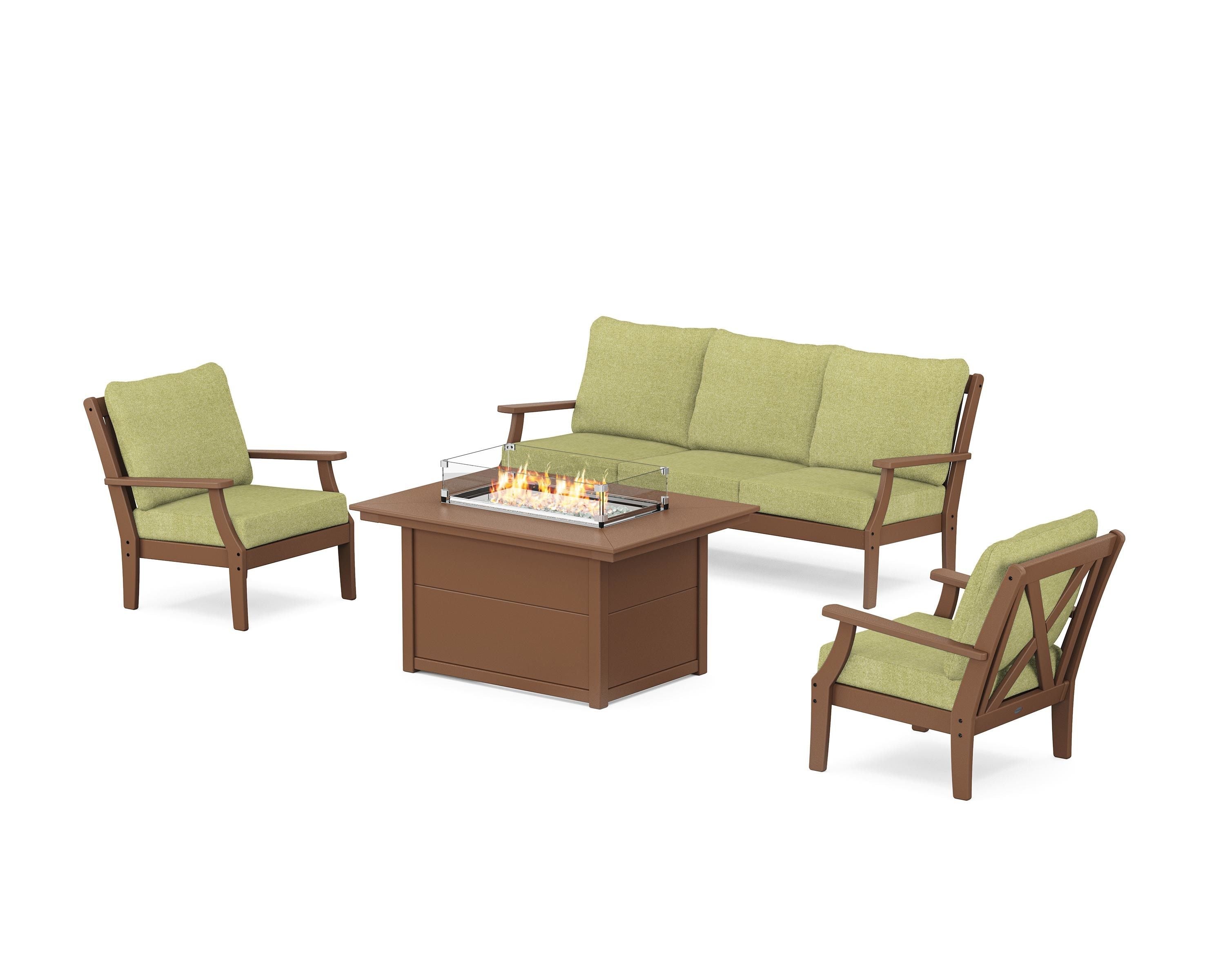 POLYWOOD® Braxton Deep Seating Fire Pit Table Set in Teak / Chartreuse Boucle
