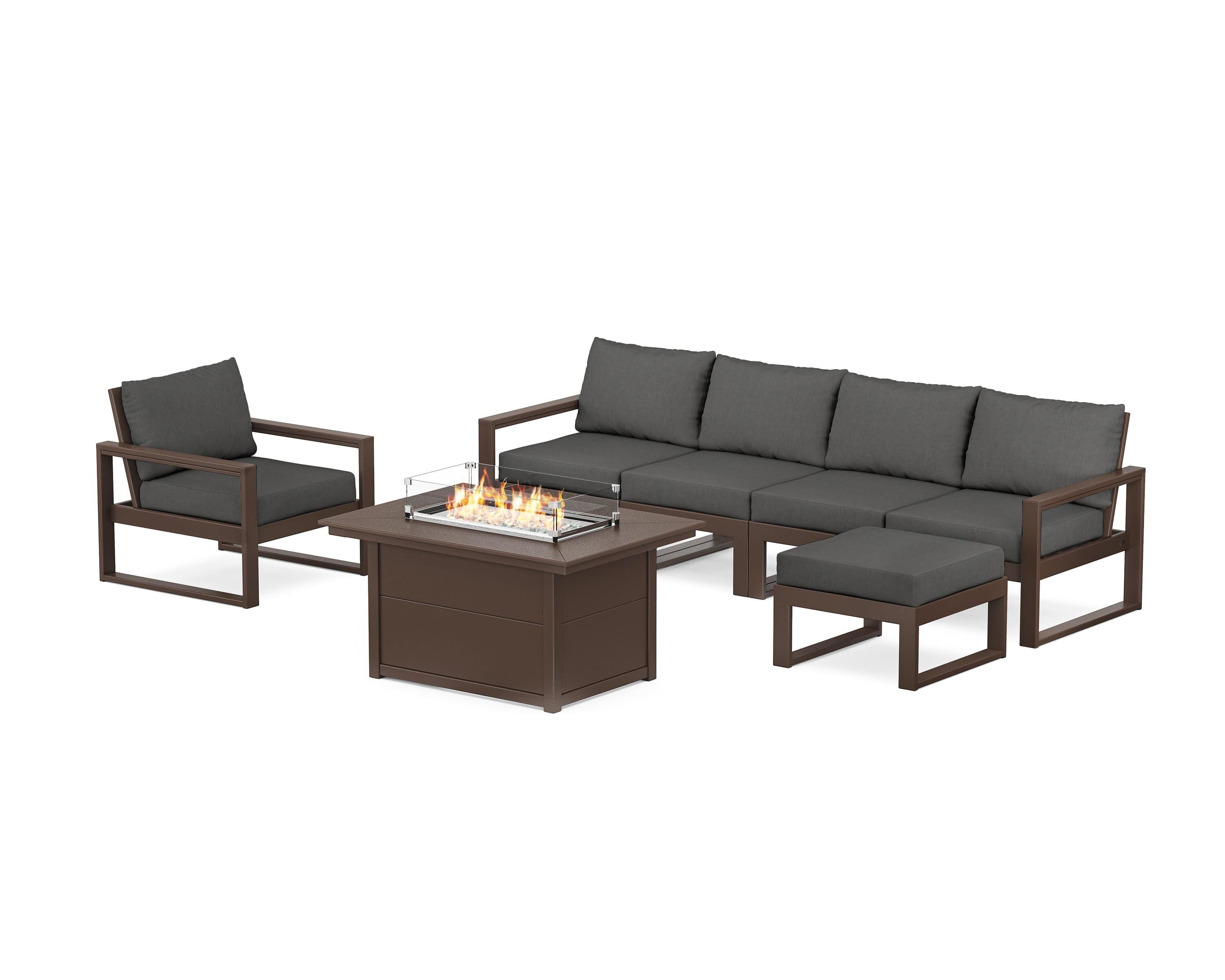 POLYWOOD® EDGE Sectional Lounge and Fire Pit Set in Mahogany / Spectrum Carbon