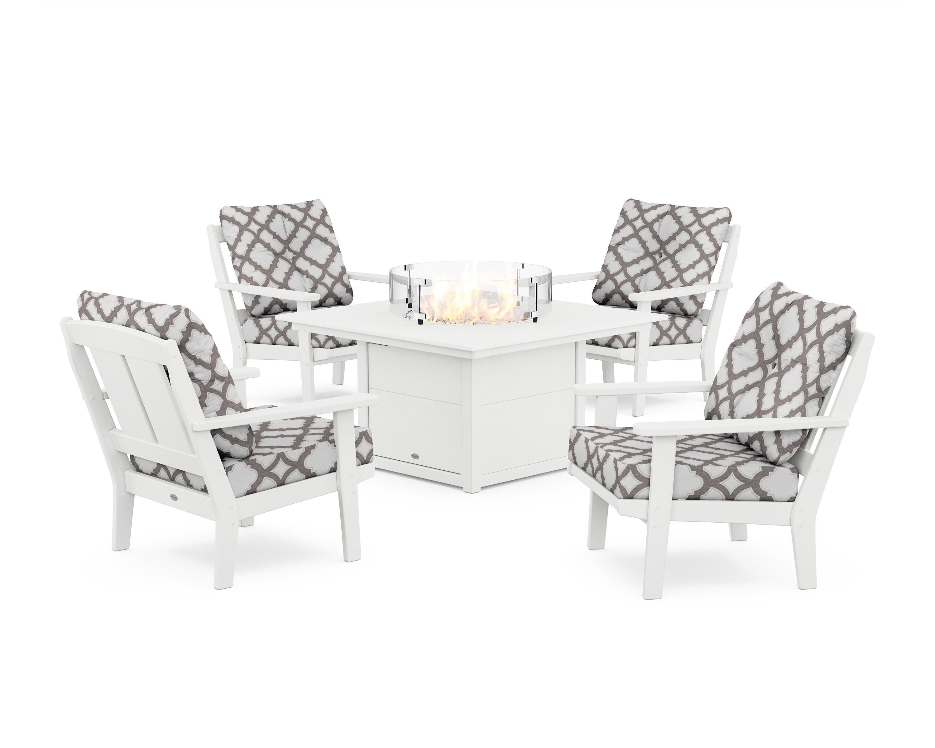 POLYWOOD® Mission 5-Piece Deep Seating Set with Fire Pit Table in White / Trellis Grey Mist