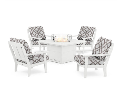 POLYWOOD® Mission 5-Piece Deep Seating Set with Fire Pit Table in White / Trellis Grey Mist
