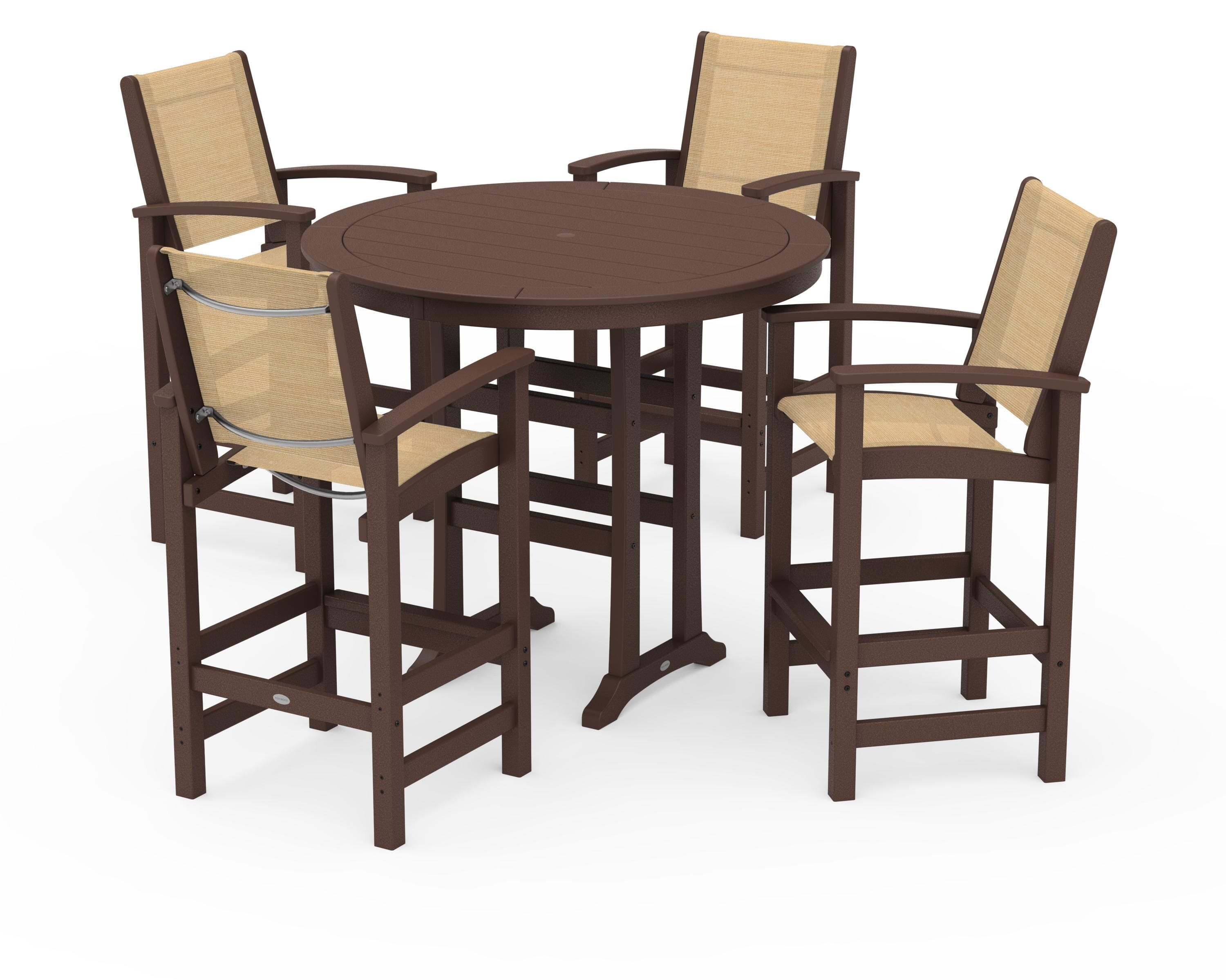 POLYWOOD® Coastal 5-Piece Nautical Trestle Bar Set in Mahogany / Dupioni Apricot Sling
