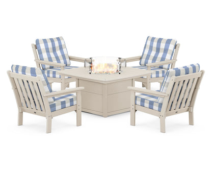 POLYWOOD® Vineyard 5-Piece Conversation Set with Fire Pit Table in Sand / Buffalo Plaid Sky Blue