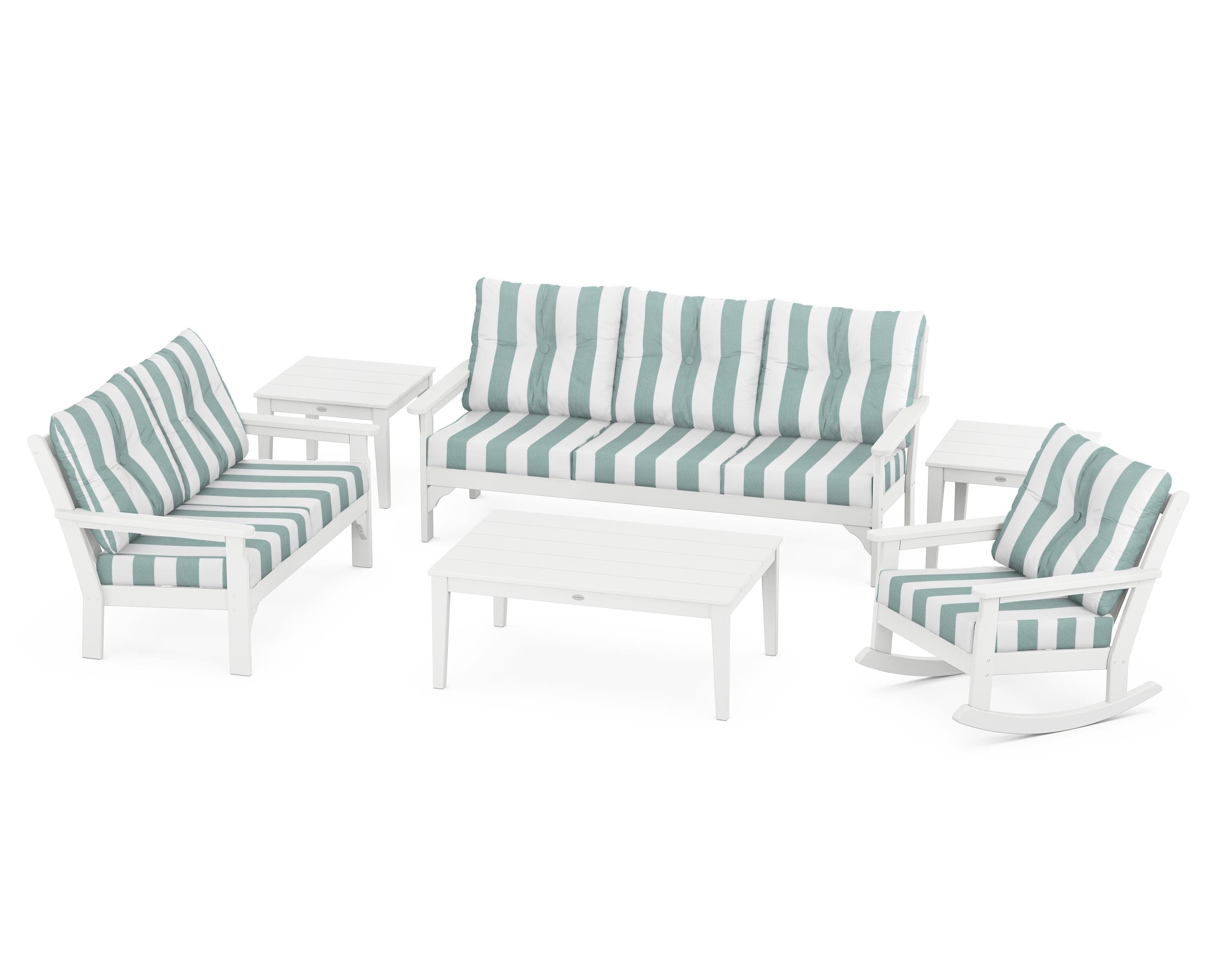 POLYWOOD® Vineyard 6-Piece Deep Seating Set in White / Cabana Stripe Glacier Spa