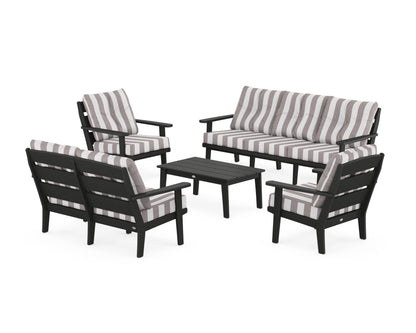 POLYWOOD® Lakeside 5-Piece Lounge Sofa Set in Black / Cabana Stripe Grey Mist