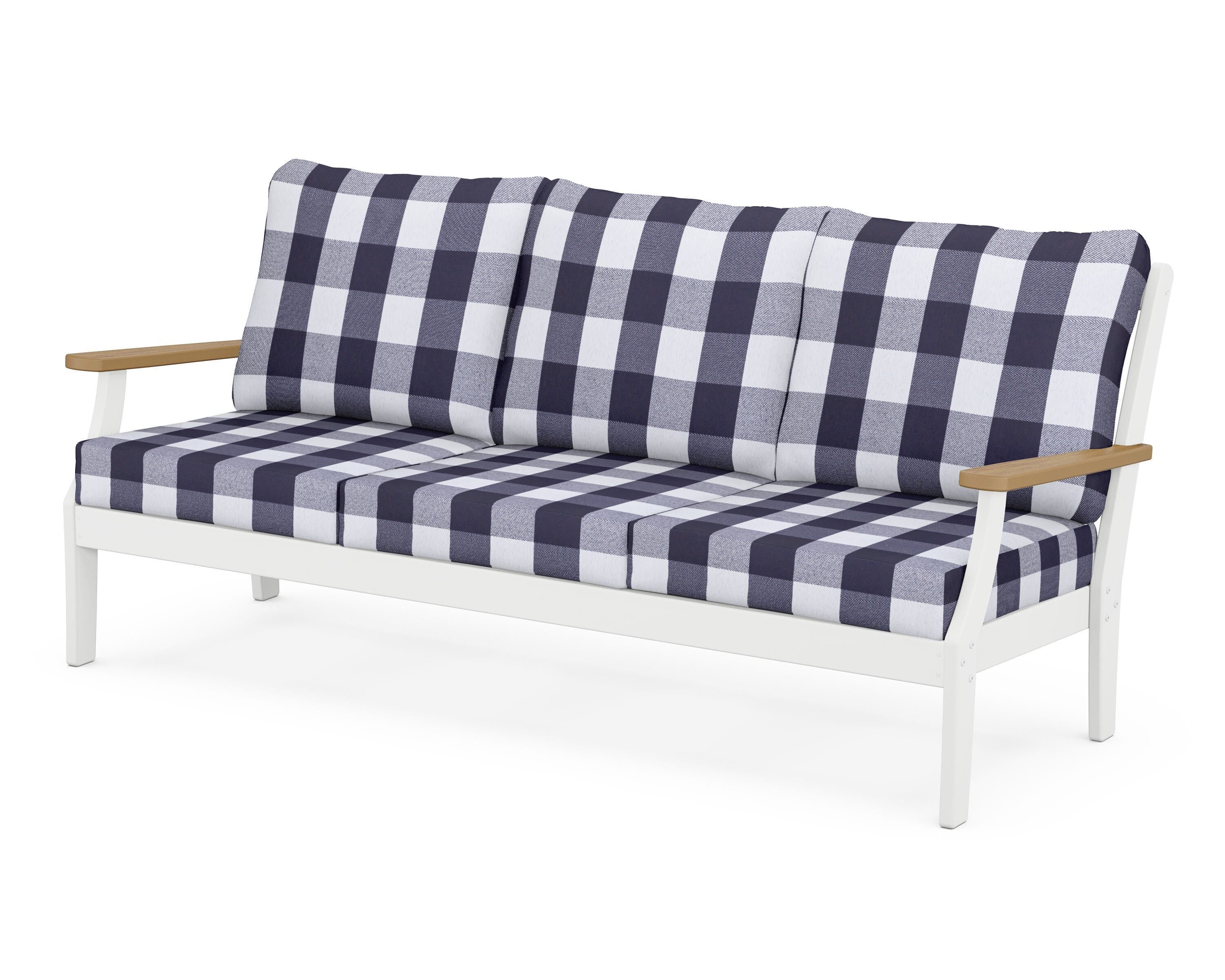 POLYWOOD® Braxton Deep Seating Sofa in White / Natural / Buffalo Plaid Navy