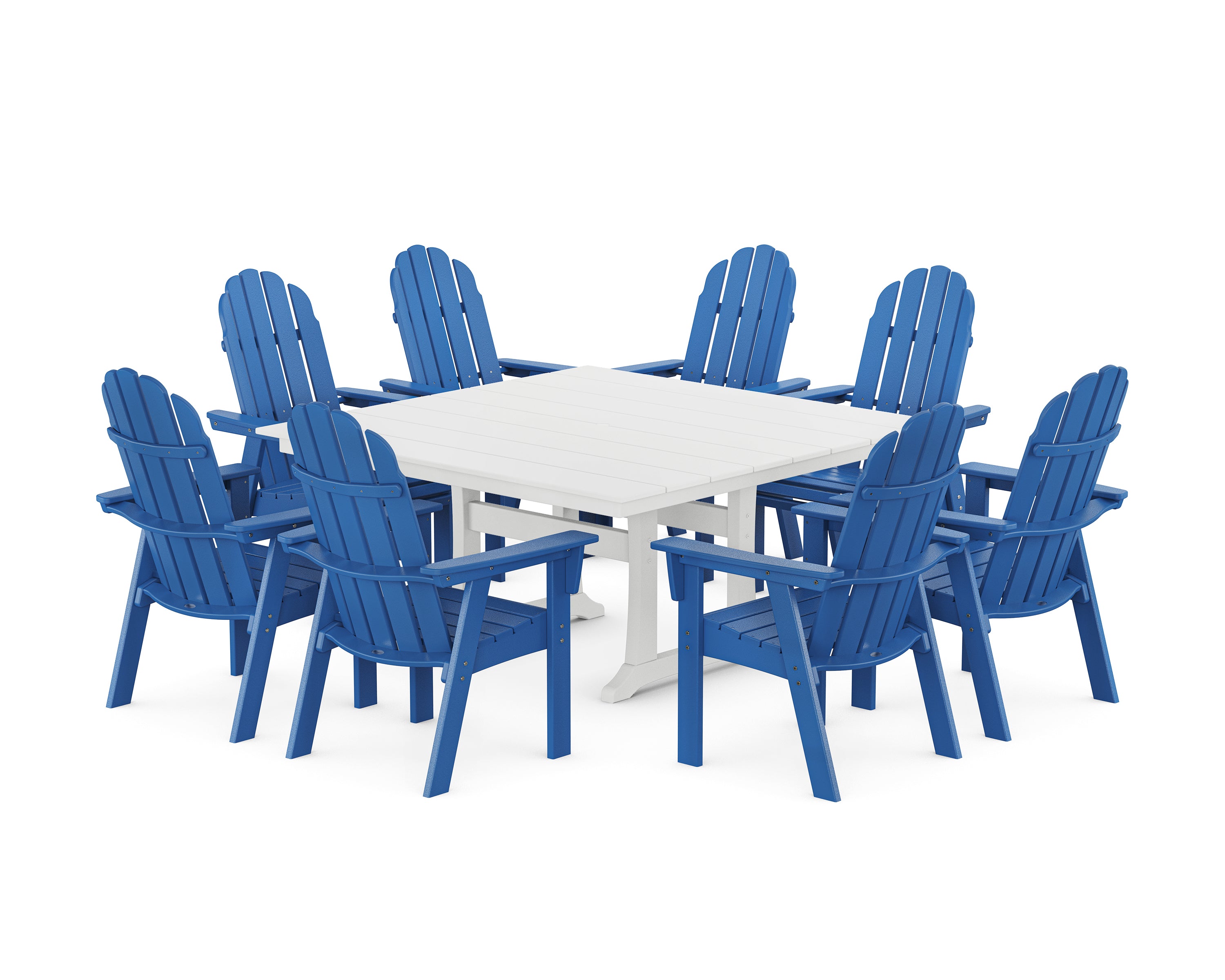 POLYWOOD® Vineyard Curveback Adirondack 9-Piece Square Farmhouse Dining Set with Trestle Legs in Pacific Blue / White