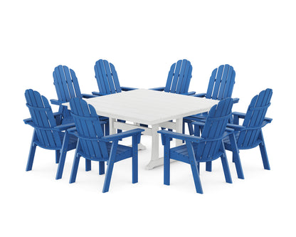 POLYWOOD® Vineyard Curveback Adirondack 9-Piece Square Farmhouse Dining Set with Trestle Legs in Pacific Blue / White