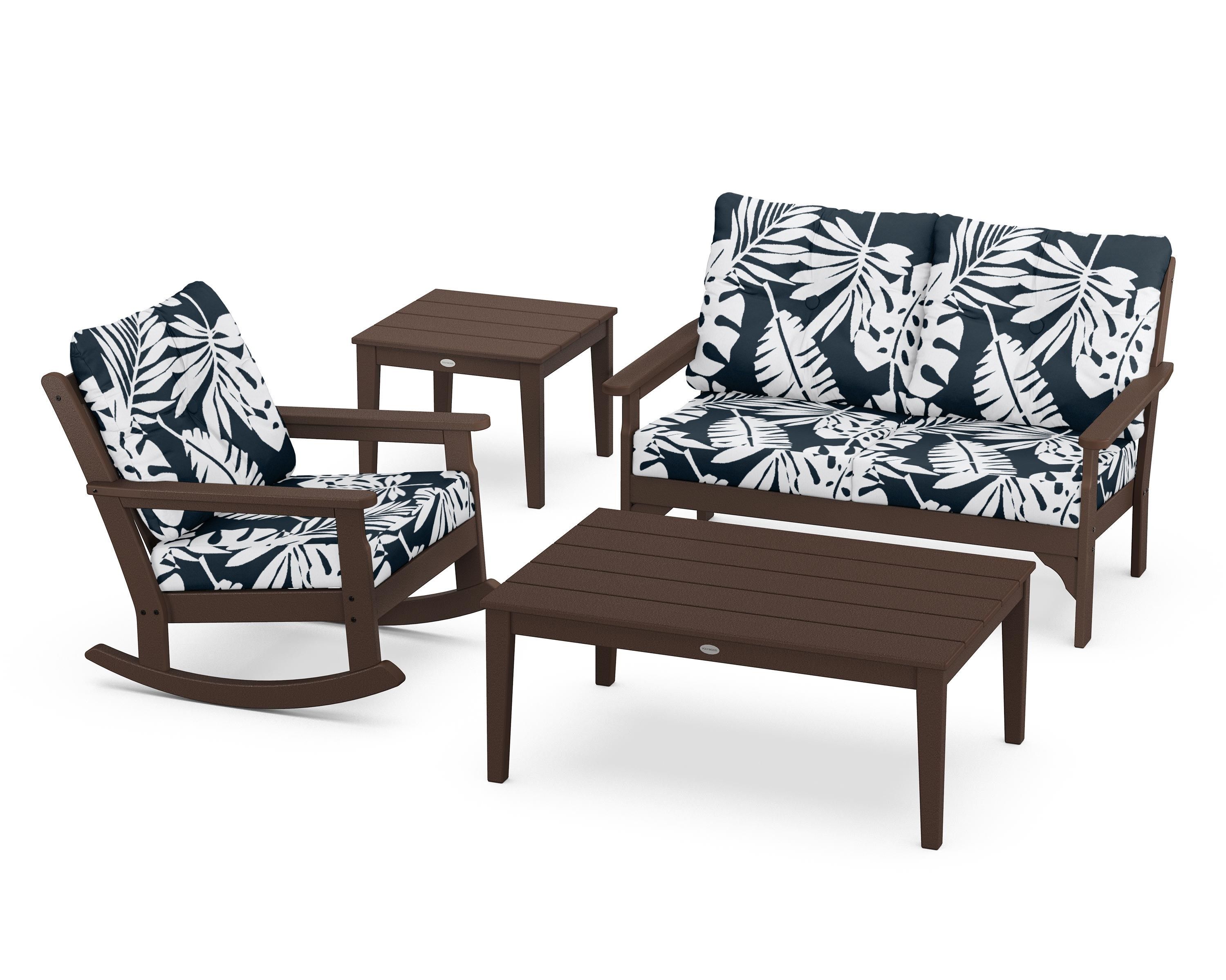 POLYWOOD® Vineyard 4-Piece Deep Seating Rocker Set in Mahogany / Leaf Marine Indigo
