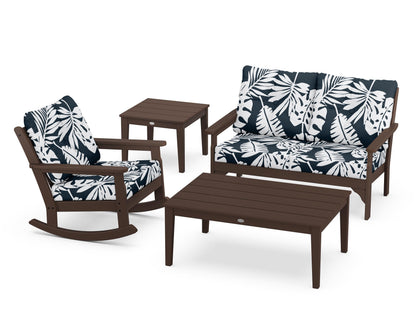 POLYWOOD® Vineyard 4-Piece Deep Seating Rocker Set in Mahogany / Leaf Marine Indigo