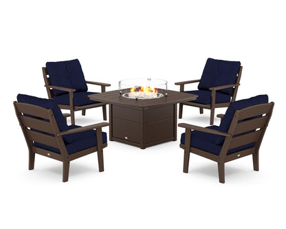 POLYWOOD® Lakeside 5-Piece Deep Seating Set with Nautical Fire Pit Table in Mahogany / Navy