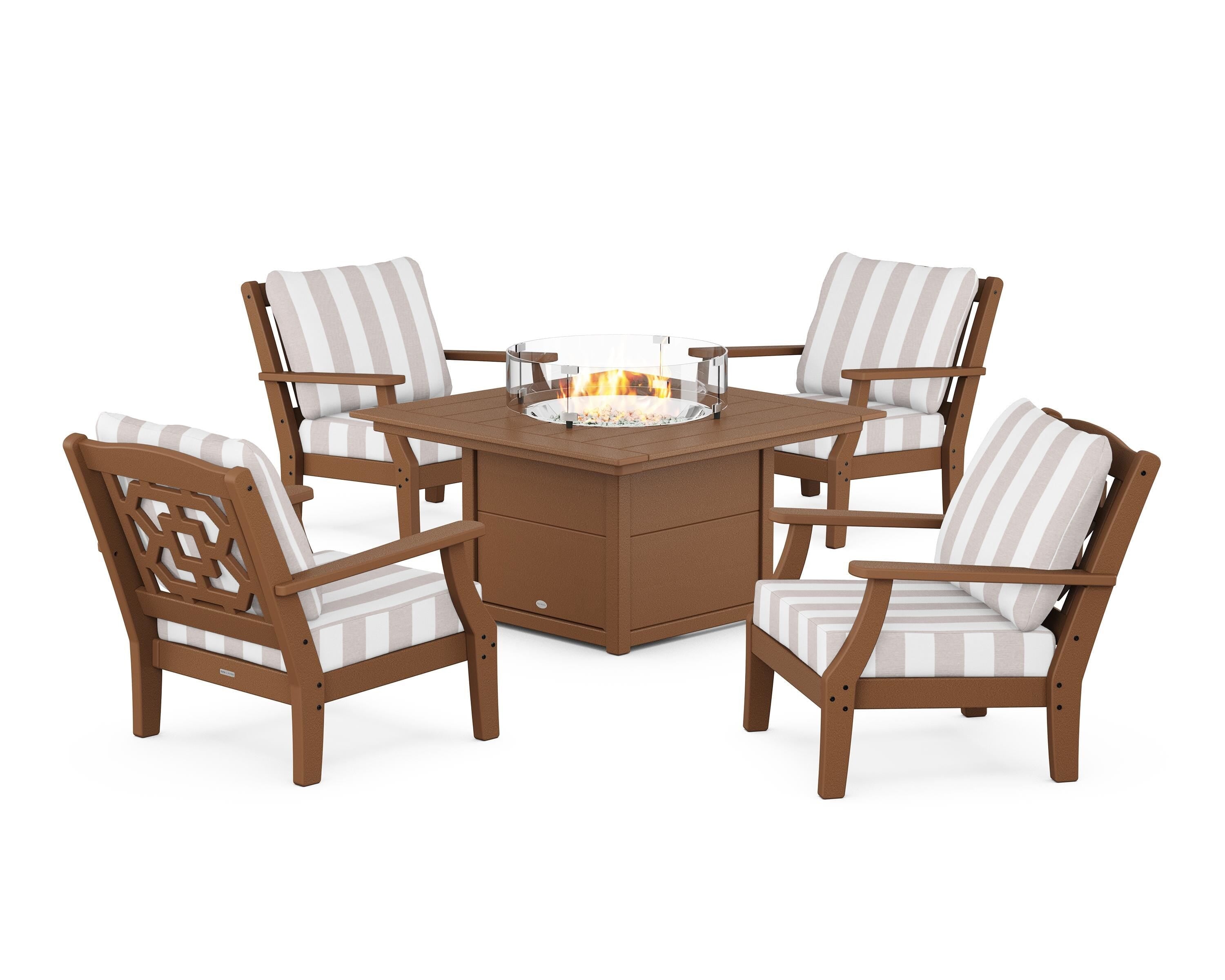 Martha Stewart by POLYWOOD® Chinoiserie 5-Piece Deep Seating Set with Fire Pit Table in Teak / Cabana Stripe Dune Burlap