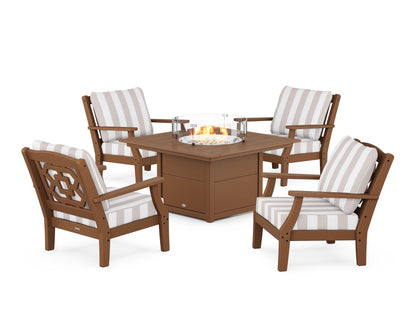 Martha Stewart by POLYWOOD® Chinoiserie 5-Piece Deep Seating Set with Fire Pit Table in Teak / Cabana Stripe Dune Burlap
