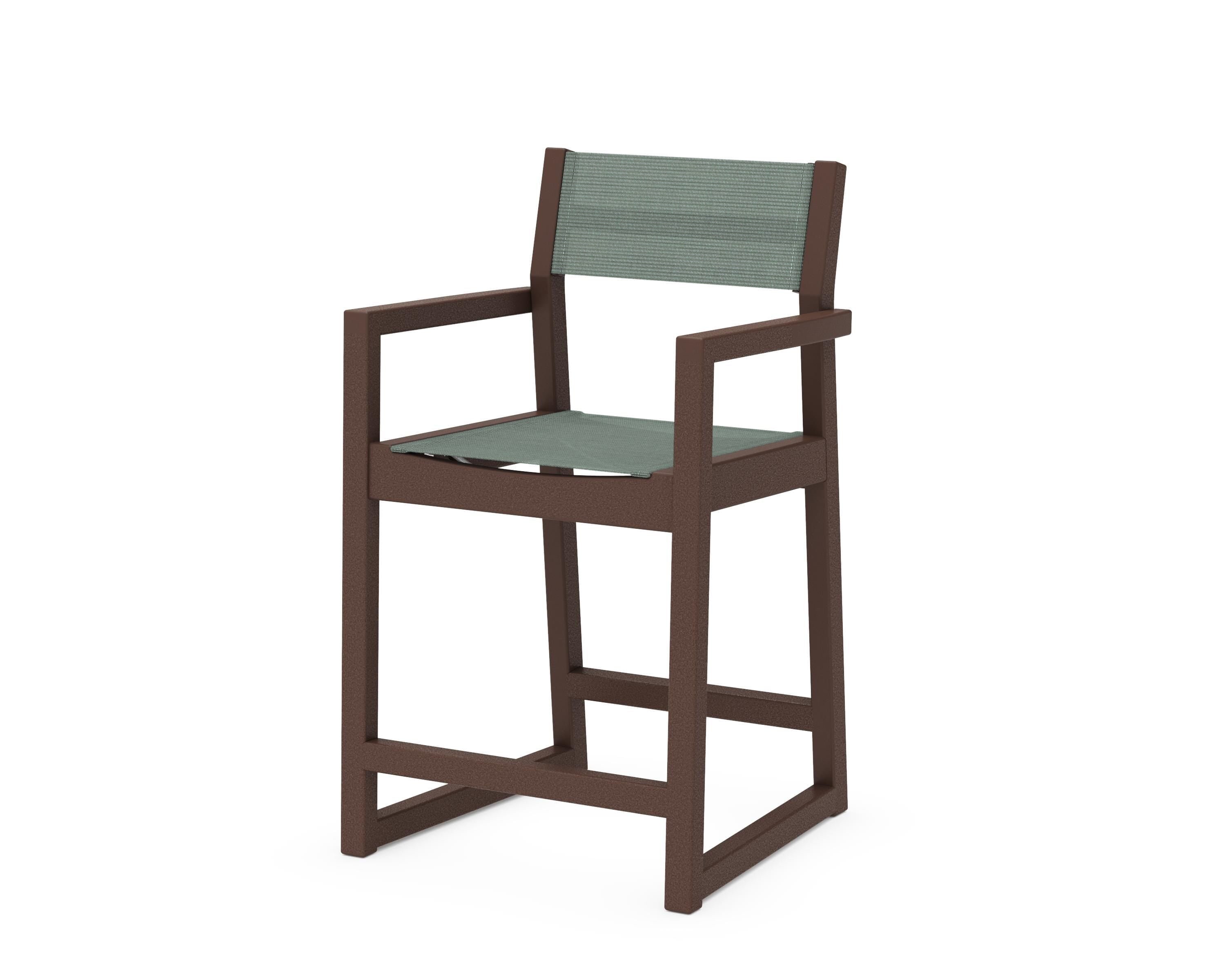 POLYWOOD® EDGE Sling Counter Arm Chair in Mahogany / Dupioni Sea Mist Sling