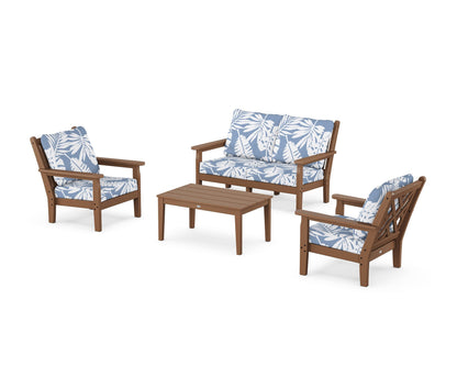 POLYWOOD® Chippendale 4-Piece Deep Seating Set with Loveseat in Teak / Leaf Sky Blue