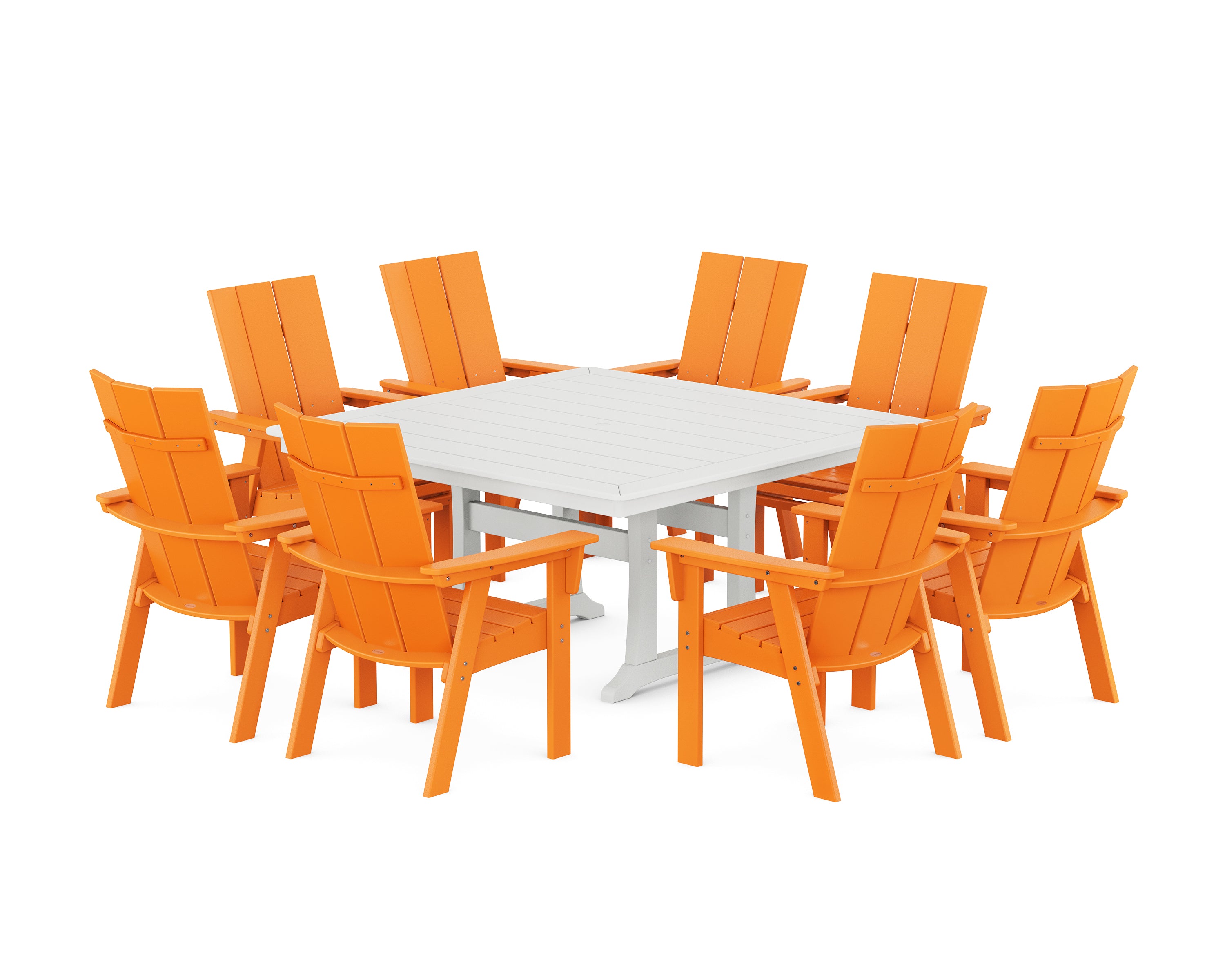 POLYWOOD® Modern Curveback Adirondack 9-Piece Square Dining Set with Trestle Legs in Tangerine / White