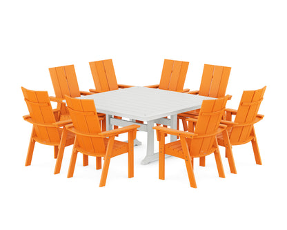 POLYWOOD® Modern Curveback Adirondack 9-Piece Square Dining Set with Trestle Legs in Tangerine / White