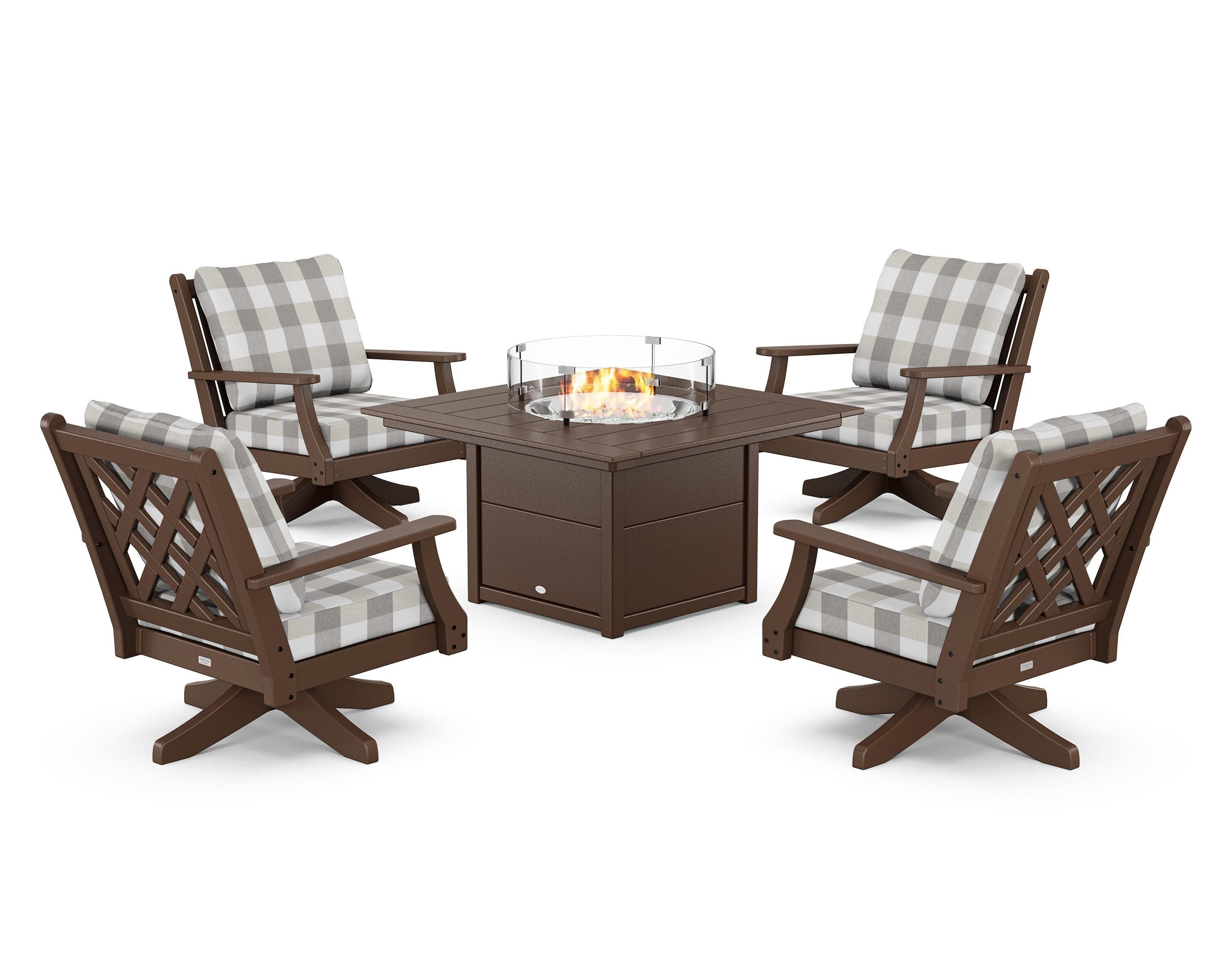 Country Living Wovendale 5-Piece Deep Seating Swivel Conversation Set with Fire Pit Table in Mahogany / Buffalo Plaid Grey Mist