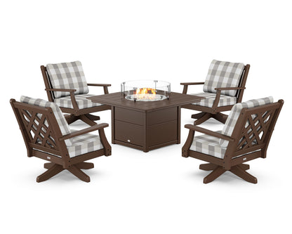 Country Living Wovendale 5-Piece Deep Seating Swivel Conversation Set with Fire Pit Table in Mahogany / Buffalo Plaid Grey Mist